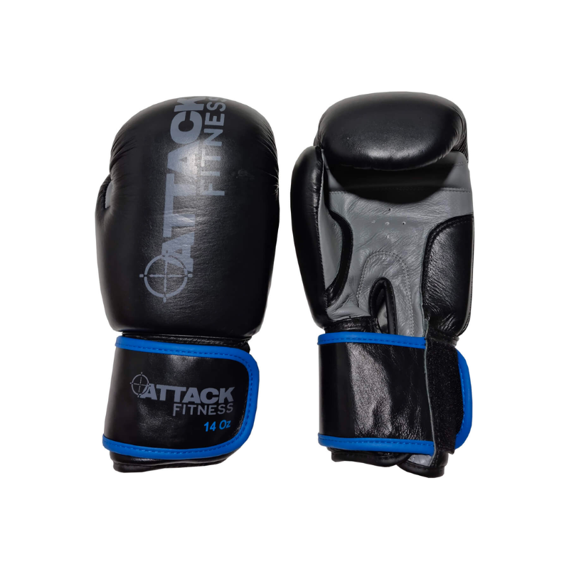 Black ATTACK Fitness Leather Boxing Gloves in Three Colour Coded Sizes [12/14/16oz] - Black/Grey 14oz - Black/Grey with Blue Trim