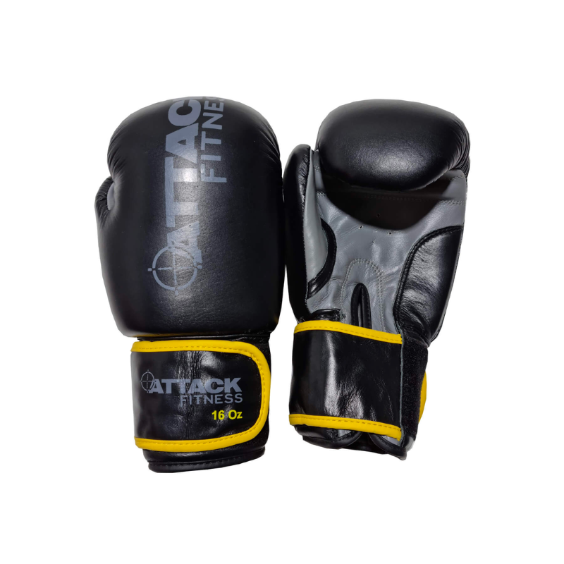 Dark Slate Gray ATTACK Fitness Leather Boxing Gloves in Three Colour Coded Sizes [12/14/16oz] - Black/Grey 16oz - Black/Grey with Yellow Trim