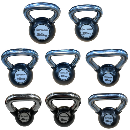 Dark Slate Gray ATTACK Fitness Rubber Kettlebell With Chrome Handle (4-24kg) - Black Set / Full Set of 8 [4-24kg]