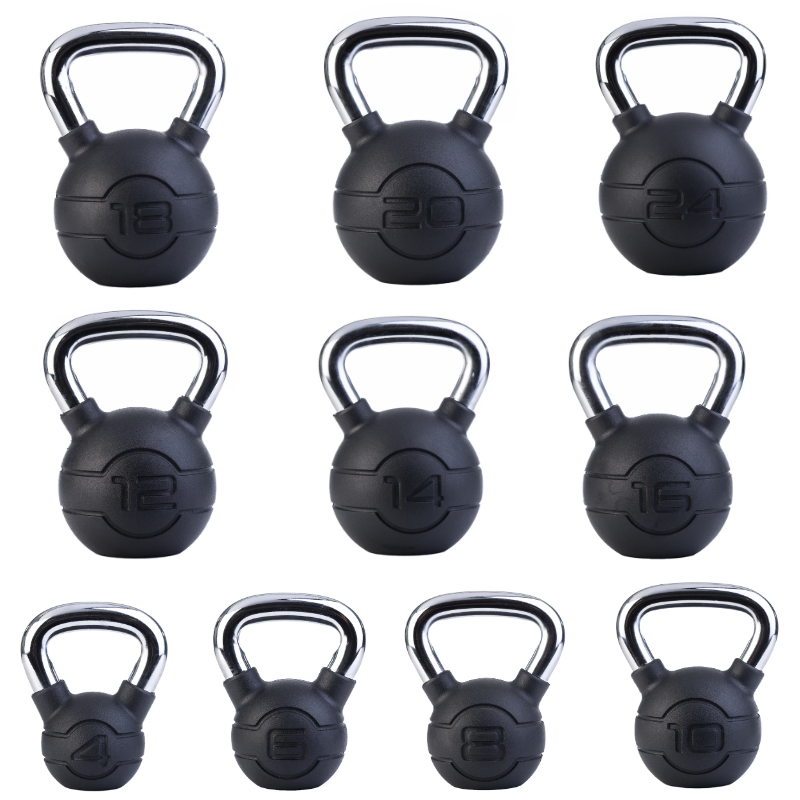 Dark Slate Gray JORDAN Rubber Covered Kettlebells With Chrome Handle (4 - 24kg) - Black Set / 10 Chrome/Rubber Kettlebell Full Set (1 of Each Weight)