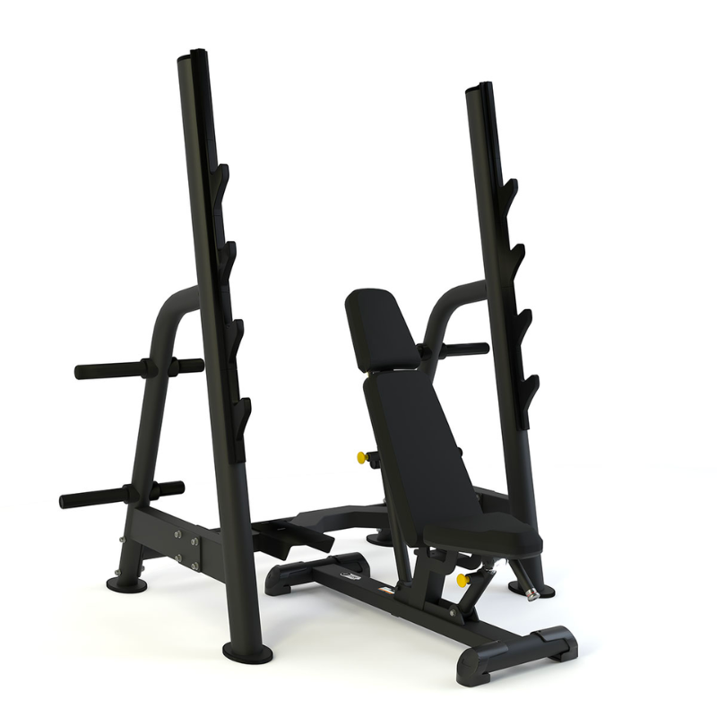Beige PULSE Fitness Classic Olympic 4 in 1 Rack - With Disc Storage and Adjustable Bench [Black]